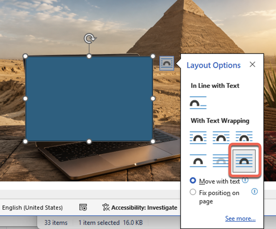 Layout options menu shows "In Line with Text" with "In Front of Text" text wrapping selected. : Office-Watch.com