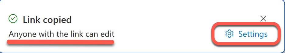 Link copied notification: Anyone with the link can edit. Settings button highlighted. : Office-Watch.com