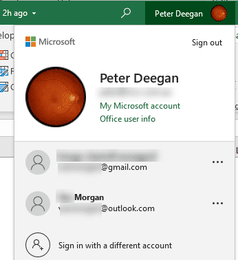 Microsoft 365 account switcher showing Peter Deegan and other users : Office-Watch.com