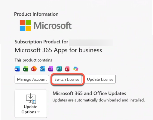 Microsoft 365 Apps for business product information with "Switch License" button highlighted. : Office-Watch.com