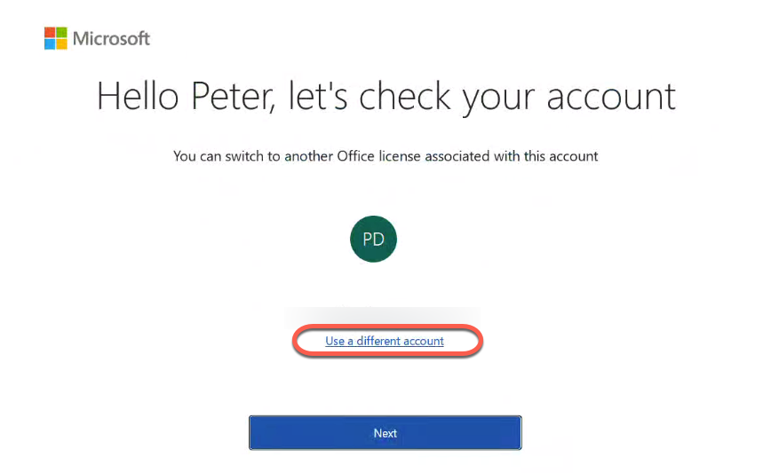 Microsoft account screen: Hello Peter, check your account. Option to switch to a different account. : Office-Watch.com