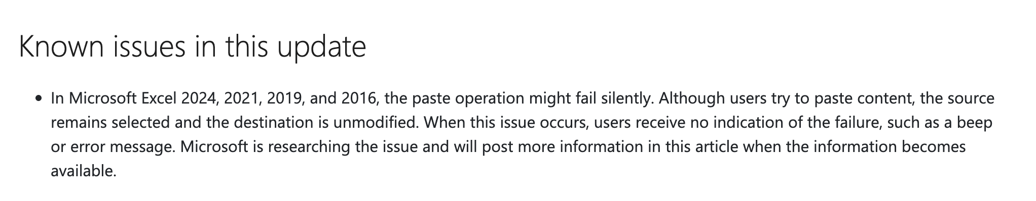 Known issues in Microsoft Excel update: paste operation may fail silently. : Office-Watch.com