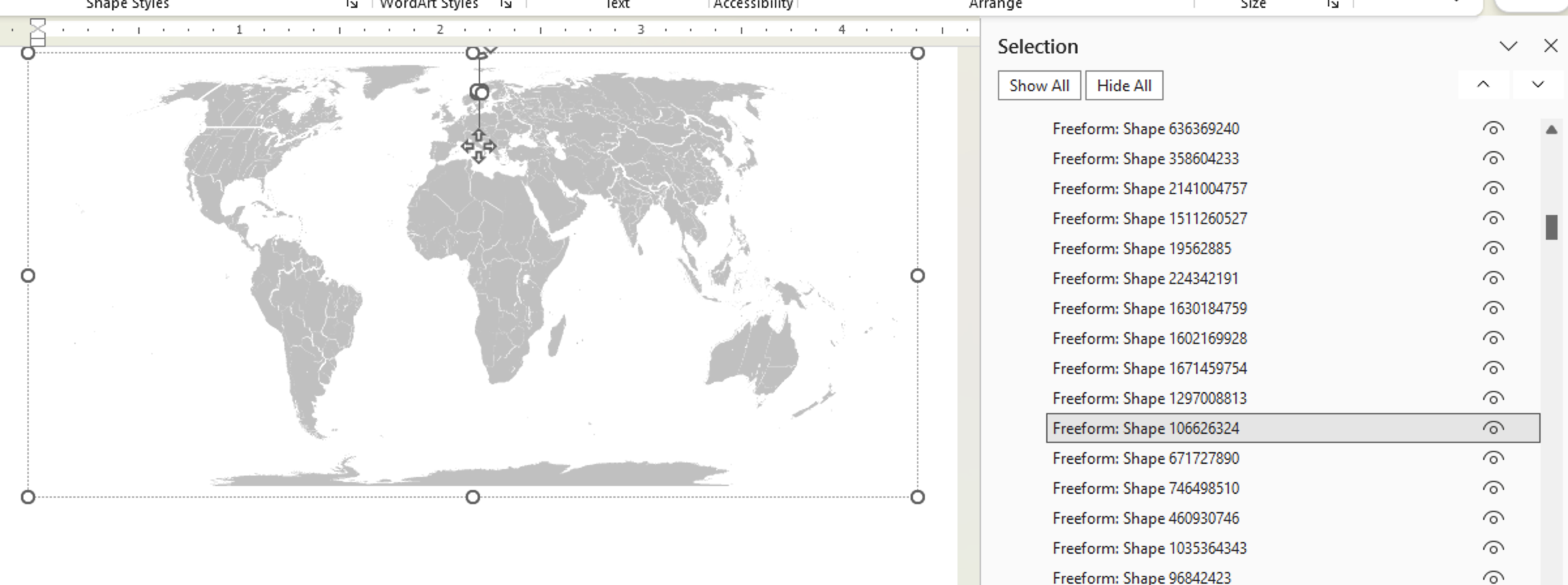 World map with selection pane showing freeform shapes in Microsoft Office. : Office-Watch.com