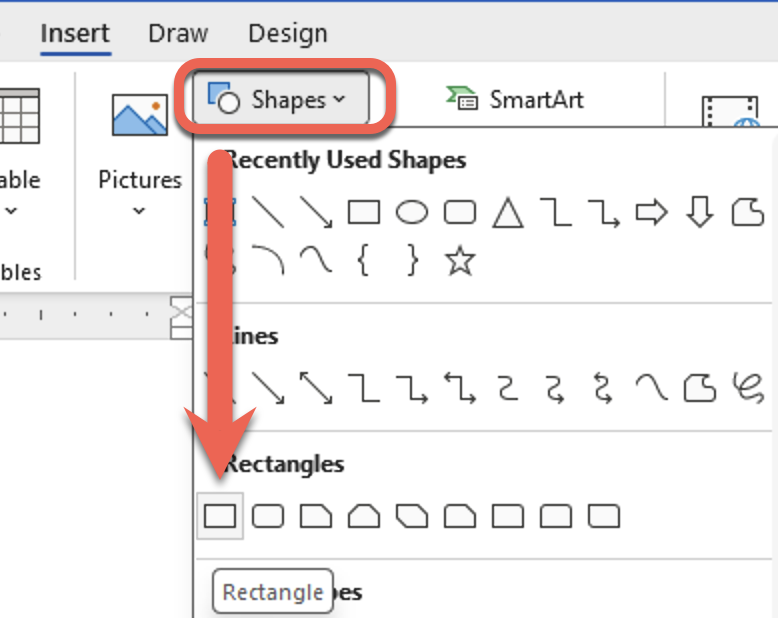 Microsoft Word Insert tab with Shapes dropdown menu open, showing basic shapes. : Office-Watch.com