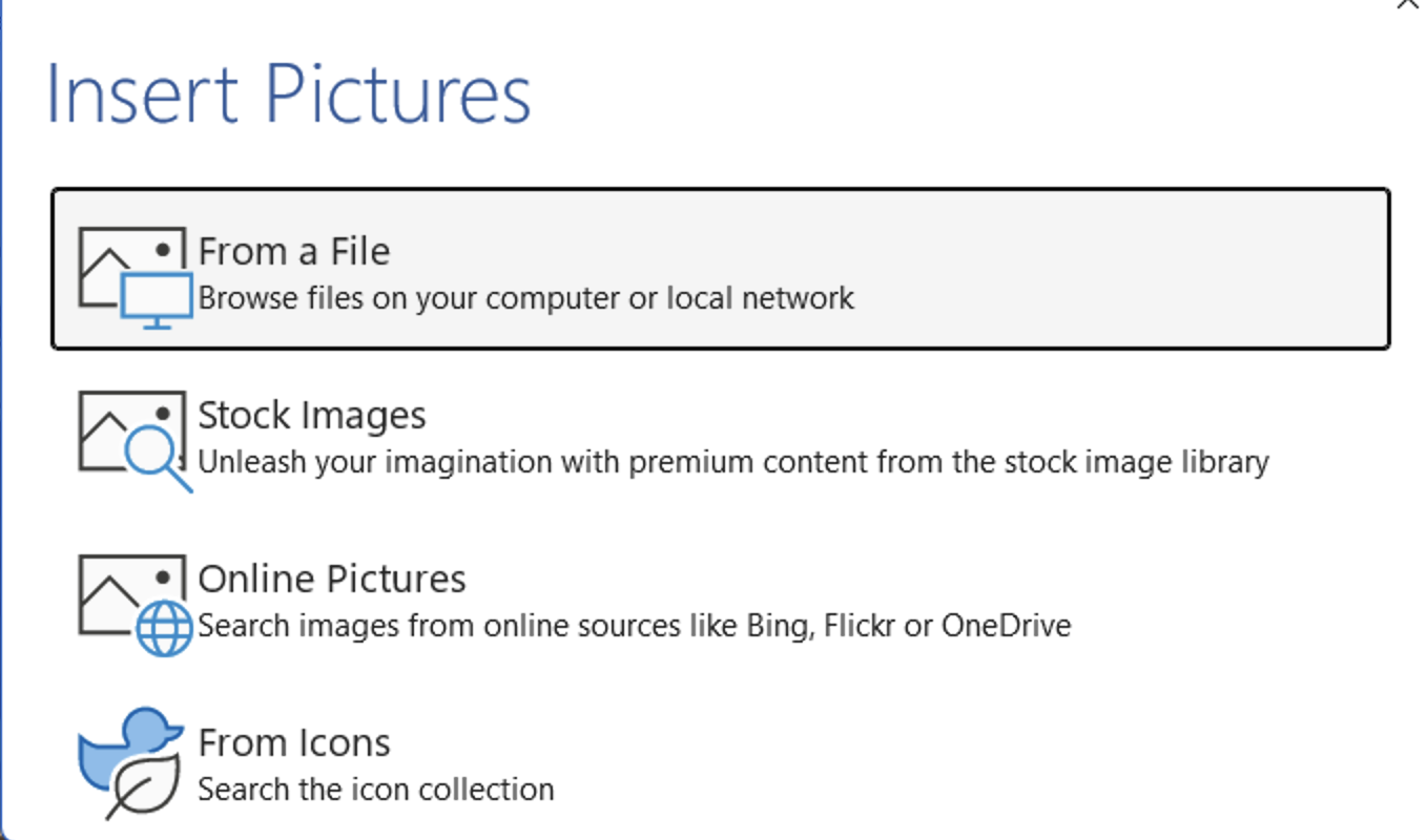 Office Insert Pictures menu: From a File, Stock Images, Online Pictures, From Icons : Office-Watch.com