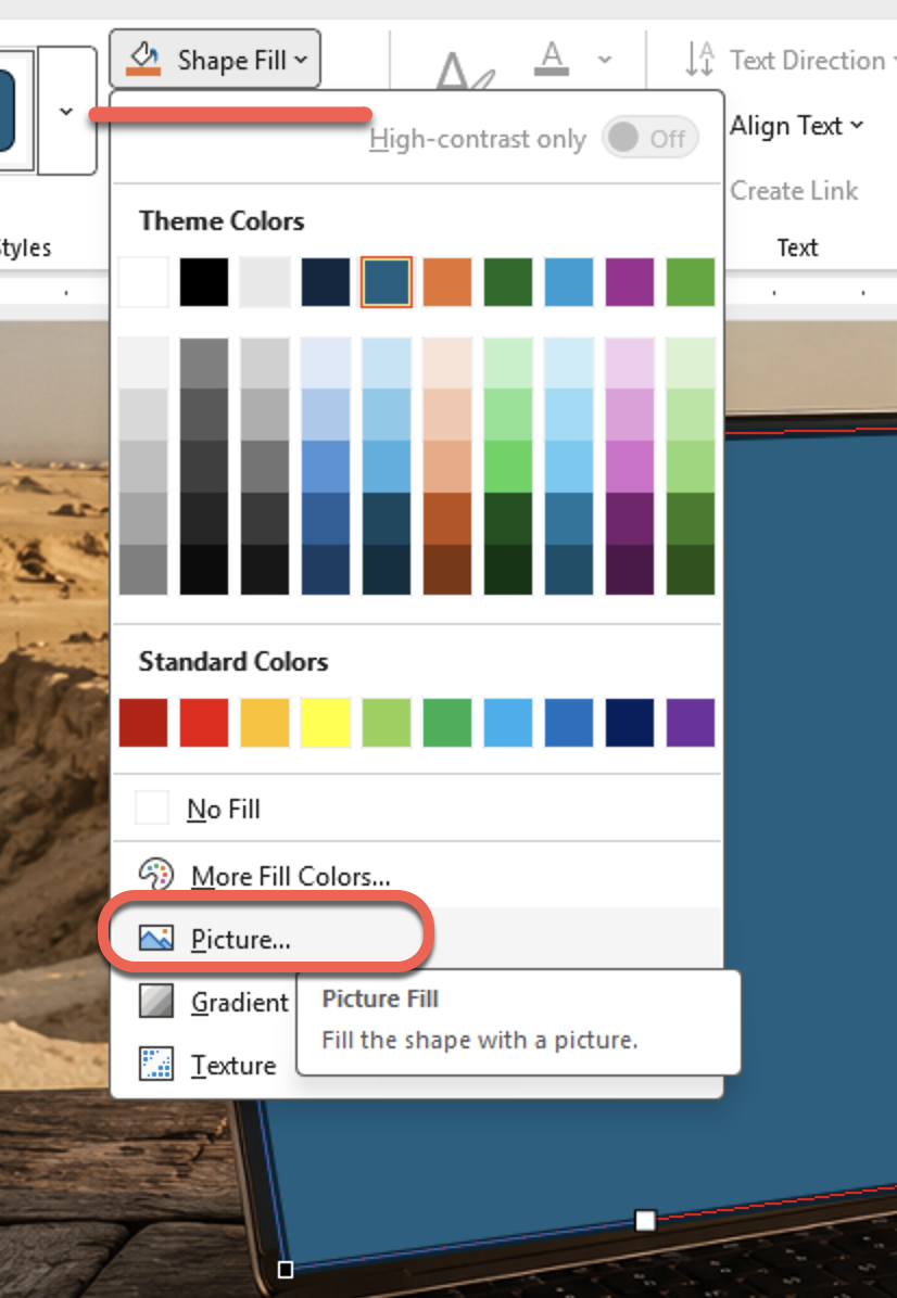 Microsoft Office Shape Fill options showing Picture fill selected. : Office-Watch.com