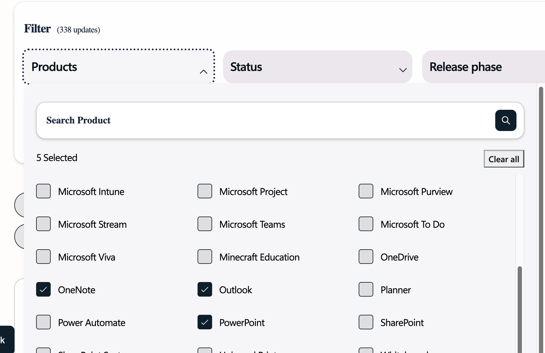 Product filter with selected Microsoft Outlook, PowerPoint, and OneNote checkboxes. : Office-Watch.com