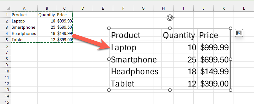 Spreadsheet showing product names, quantities, and prices, with a selection box around the data. : Office-Watch.com