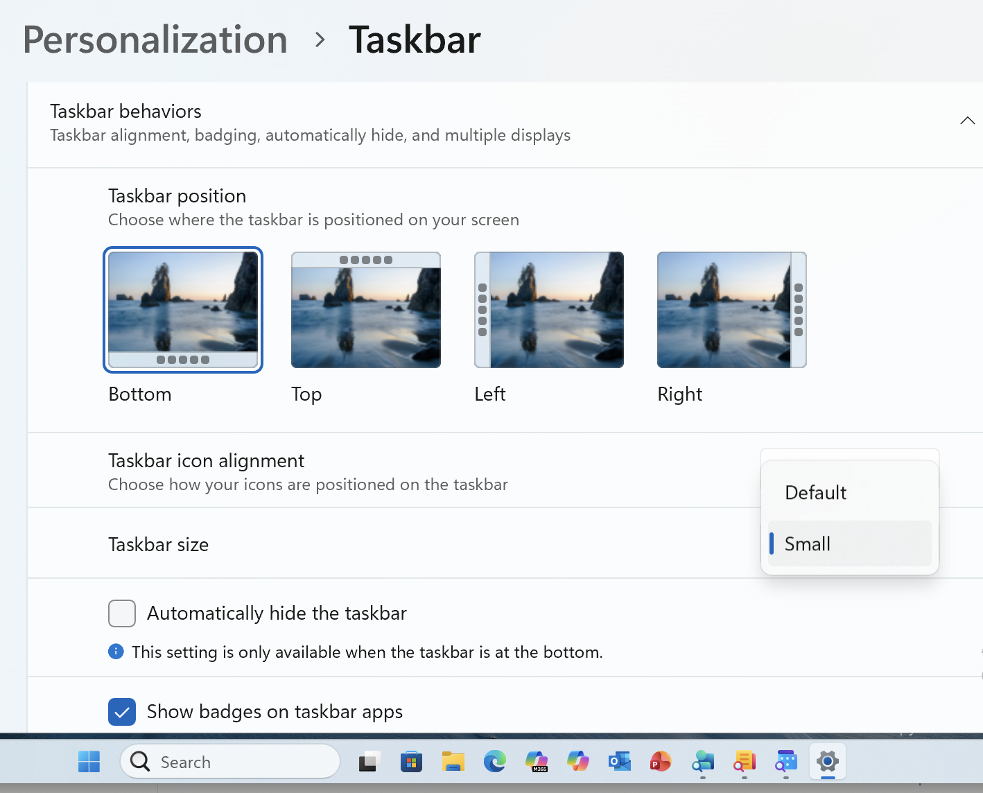 Windows 11 taskbar settings: position, alignment, and size options. : Office-Watch.com