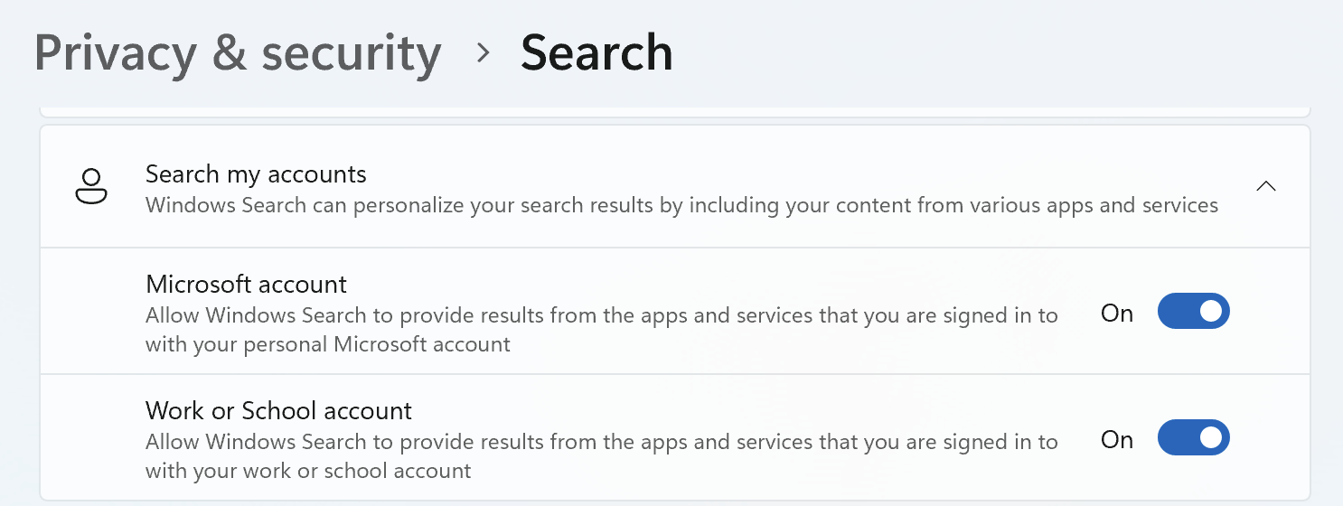 Windows Search privacy settings: Allow Microsoft and Work/School accounts to personalize search results. : Office-Watch.com