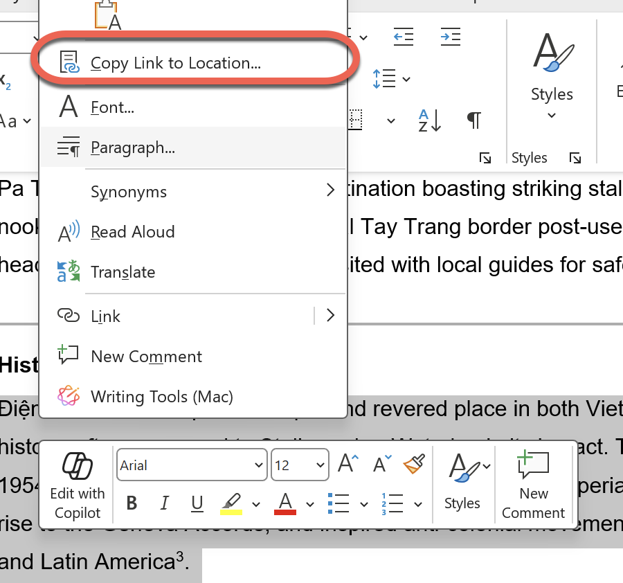 Microsoft Word context menu showing "Copy Link to Location" option. : Office-Watch.com