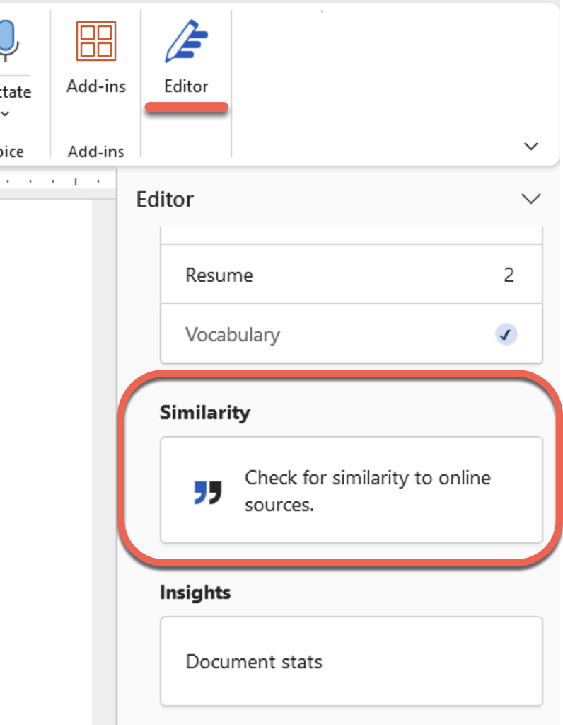 Microsoft Word Editor showing Similarity checker for online sources. : Office-Watch.com