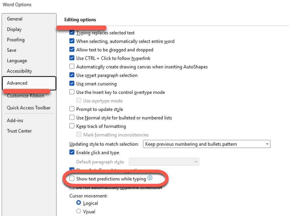 Word Options: Advanced settings showing 'Show text predictions while typing' checkbox : Office-Watch.com