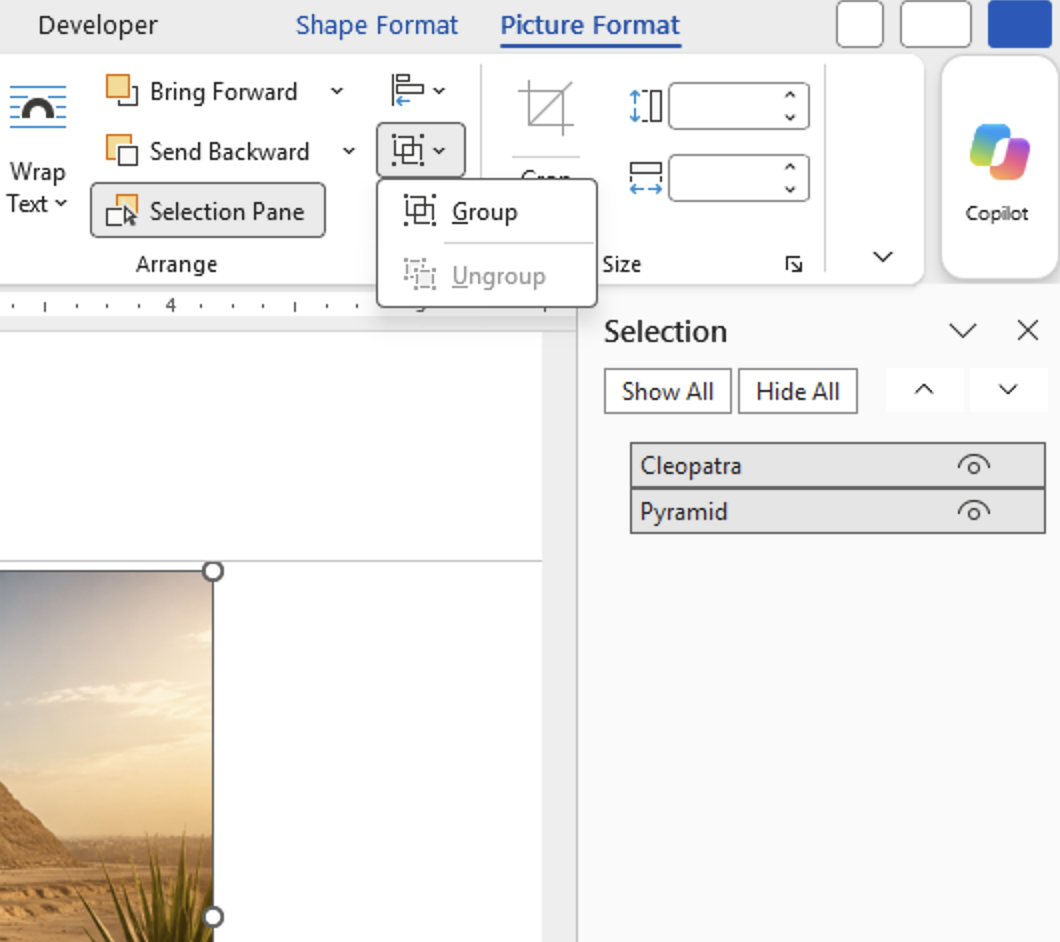 Microsoft Word Picture Format tab with Group and Ungroup options visible. : Office-Watch.com