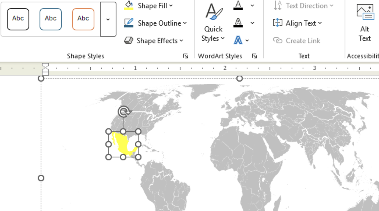 Microsoft Word ribbon with shape fill options and a world map with Mexico highlighted in yellow. : Office-Watch.com