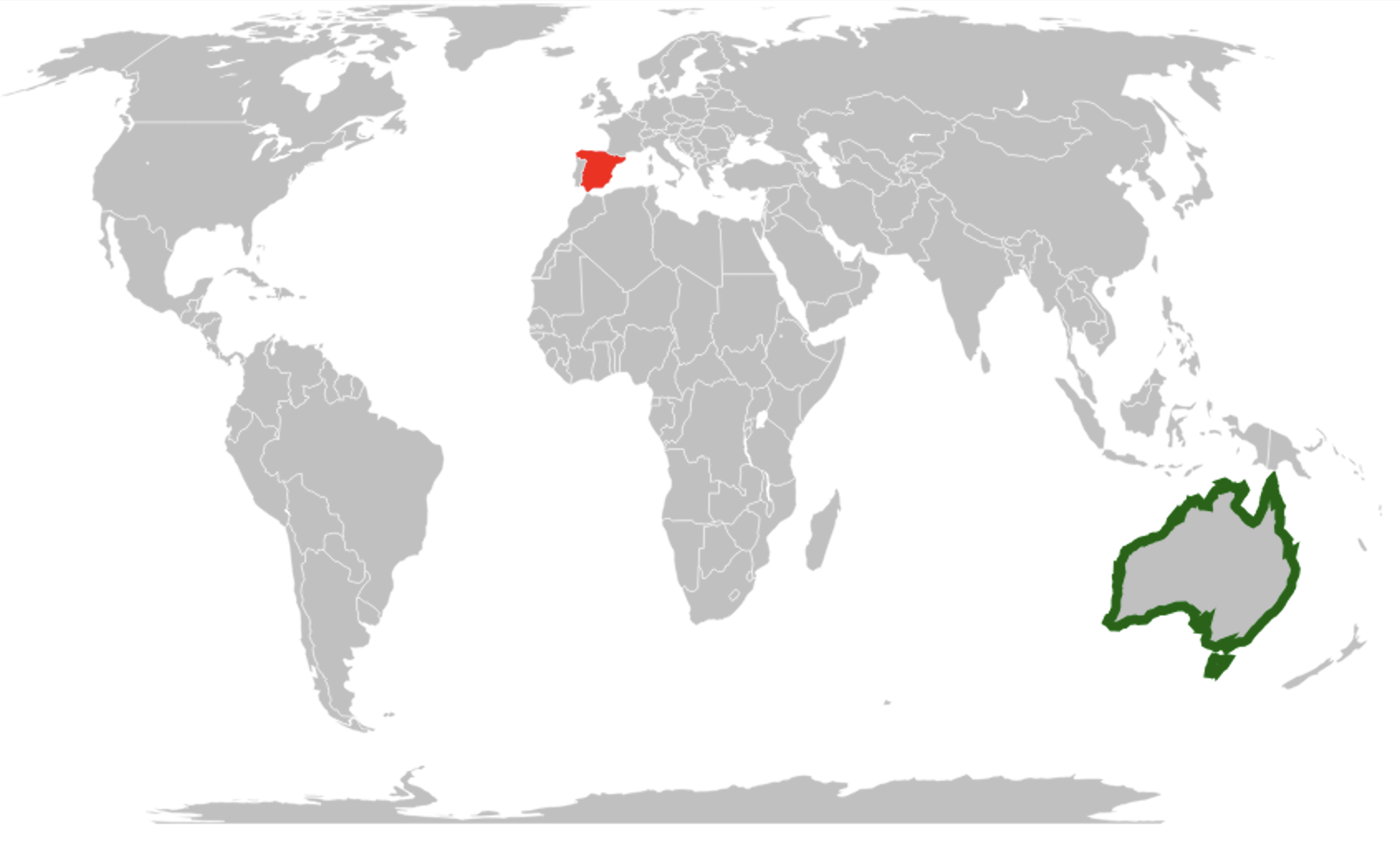World map highlighting Spain in red and Australia in green outline : Office-Watch.com
