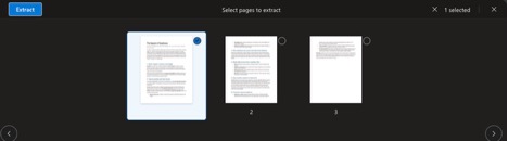 Adobe Acrobat window showing page selection for extraction, with page 1 highlighted. : Office-Watch.com