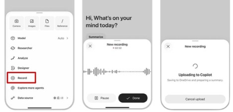 App screen showing recording start, uploading to Copilot, and saving to OneDrive. : Office-Watch.com