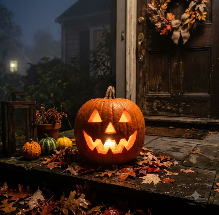 Carved pumpkin with glowing candle on a porch with autumn leaves : Office-Watch.com