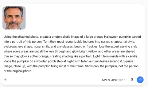 Carved Halloween pumpkin portrait of a man with glowing yellow and orange features. : Office-Watch.com