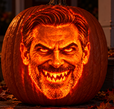 Jack-o'-lantern carved with a menacing grinning face, glowing orange from within. : Office-Watch.com
