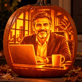 Jack-o'-lantern carved with a man working on a laptop in an office setting. : Office-Watch.com