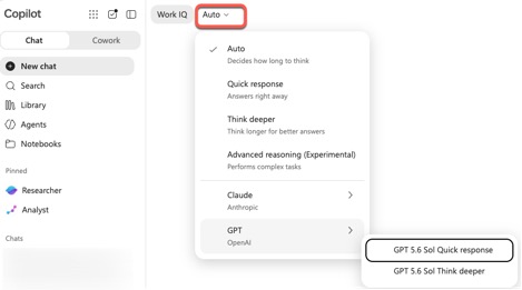 Copilot interface showing AI model selection: Auto, Claude, and GPT with response options. : Office-Watch.com
