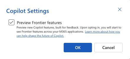 Copilot Settings: Preview Frontier features checkbox is checked. : Office-Watch.com