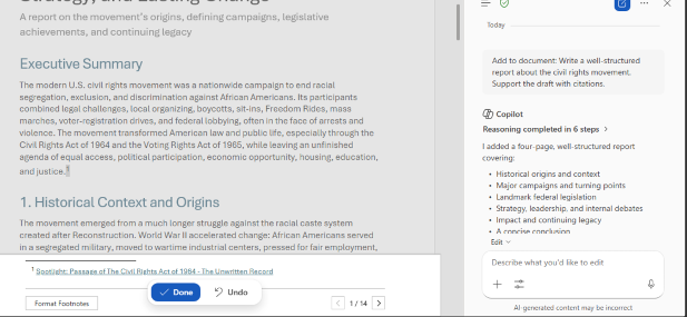 Copilot in Word generates a report showing sources and edit options. : Office-Watch.com