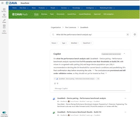 Copilot AI assistant summarizing a ZavaMesh performance benchmark analysis on a SharePoint page. : Office-Watch.com