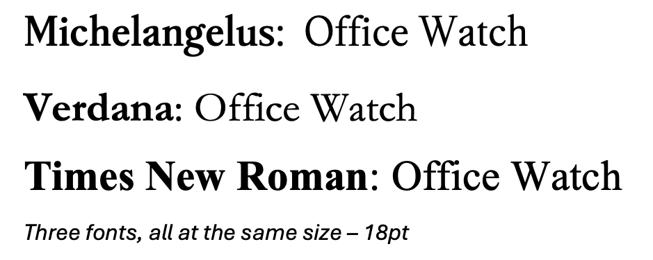 Michelangelus, Verdana, and Times New Roman fonts display "Office Watch" at 18pt. : Office-Watch.com