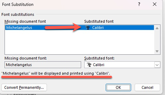 Font substitution dialog: Michelangelo replaced with Calibri. : Office-Watch.com