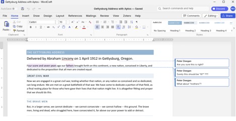 Gettysburg Address document with comments from Peter Deegan in Microsoft Word : Office-Watch.com