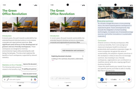 Three phone screens showing a document about a green office revolution with AI editing tools. : Office-Watch.com
