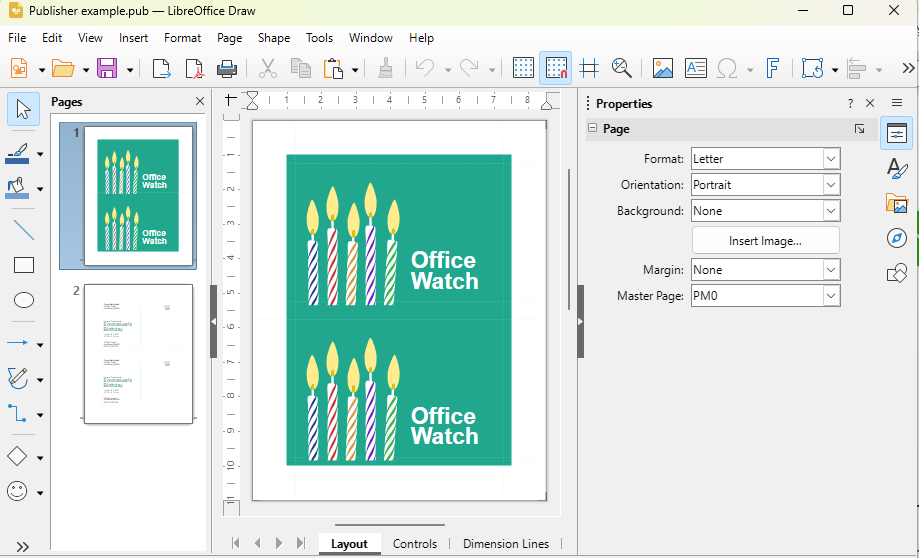 LibreOffice Draw showing two birthday invitations with "Office Watch" text and candles. : Office-Watch.com