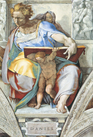 Michelangelo's Daniel fresco, a prophet holding a large book with a putto. : Office-Watch.com