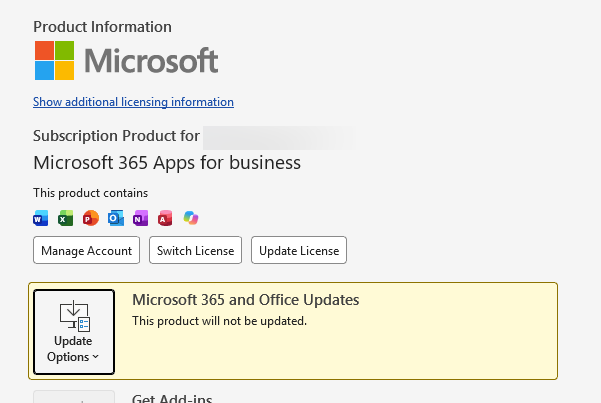 Microsoft 365 Apps for business product information showing update options. : Office-Watch.com