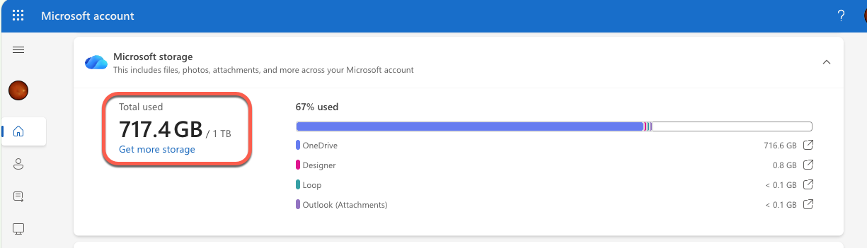 Microsoft account storage: 717.4 GB used out of 1 TB. Get more storage. : Office-Watch.com
