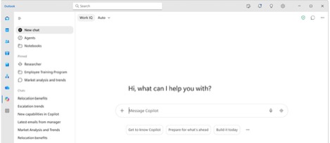 Microsoft Copilot interface with chat prompt and navigation menu : Office-Watch.com