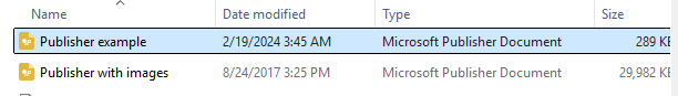Microsoft Publisher document list showing "Publisher example" and "Publisher with images" files. : Office-Watch.com