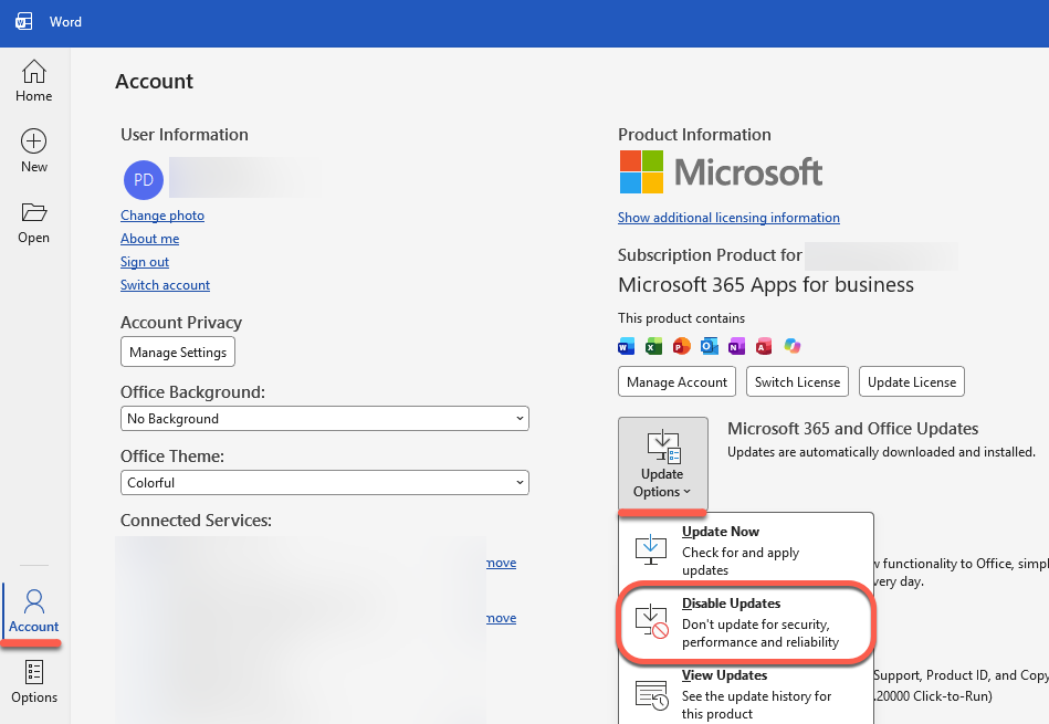 Microsoft Word account settings showing update options, with "Disable Updates" highlighted. : Office-Watch.com