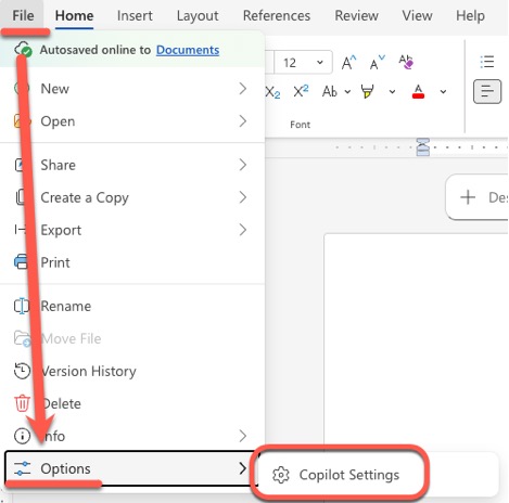 Microsoft Word File menu showing Options and Copilot Settings highlighted. : Office-Watch.com