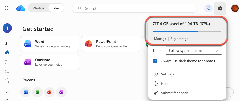 Microsoft OneDrive storage usage: 717.4 GB used of 1.04 TB (67%) : Office-Watch.com