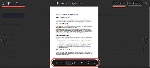 OneDrive PDF editor open with editing and sharing options visible. : Office-Watch.com