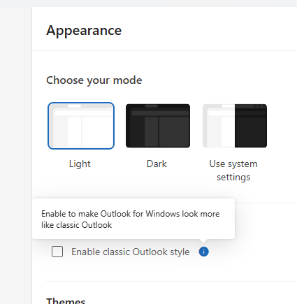 Outlook appearance settings: Light, Dark, and System settings modes, with an option to enable classic Outlook style. : Office-Watch.com