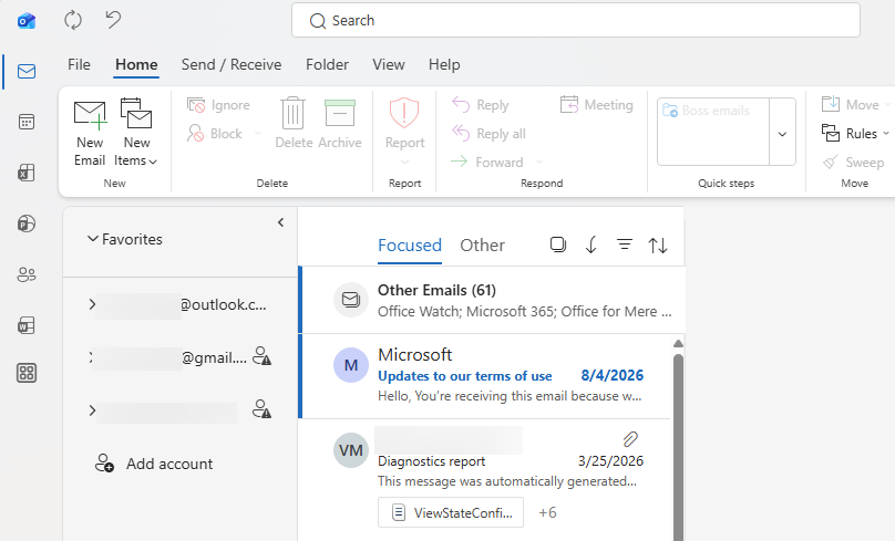 Microsoft Outlook inbox showing "Focused" and "Other" email categories, with recent emails visible. : Office-Watch.com