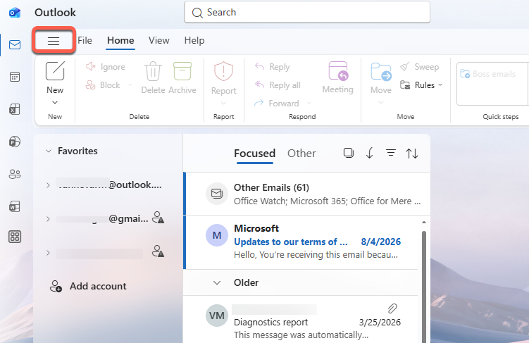 Outlook inbox with menu open showing inbox, folders, and email list. : Office-Watch.com