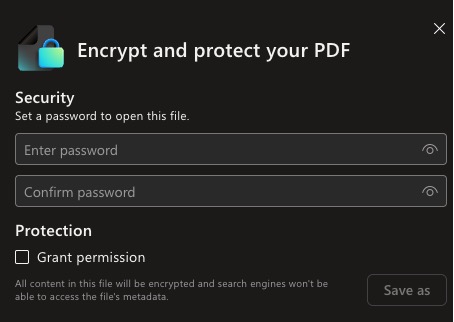 Encrypt and protect PDF: Set password for security and grant permission options. : Office-Watch.com