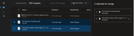 Two PDF files selected for merging in a file explorer window : Office-Watch.com
