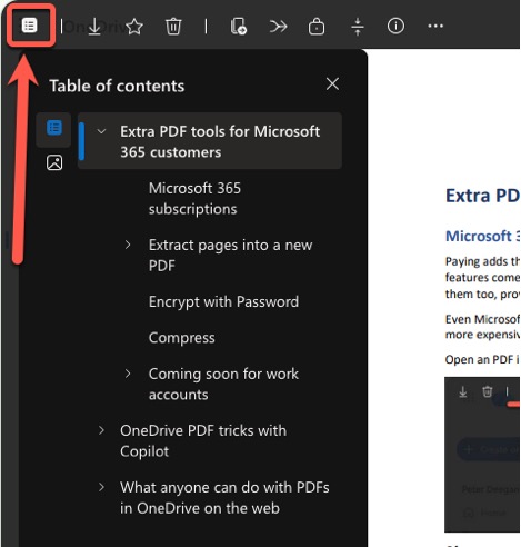 Table of contents for PDF tools in Microsoft 365, showing sections like "Extra PDF tools" and "OneDrive PDF tricks. : Office-Watch.com